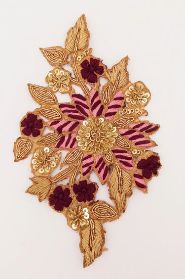 Gold and Pink Embroidered Flower Applique Patch, Floral Applique, Floral Motif